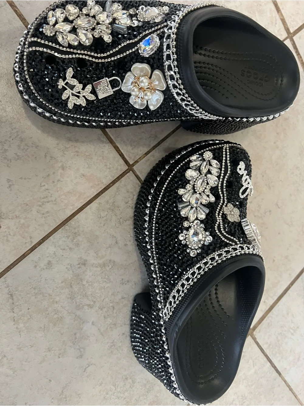 Custom CROCS Black Crystal-Embellished Platform Clogs with Chain & Pearl Accents - Picture 2 of 2
